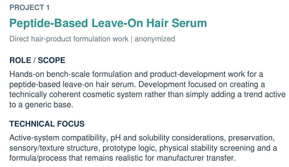 Extrait d’un work sample anonymisé : projet de sérum capillaire aux peptides, rôle, axes techniques et justification